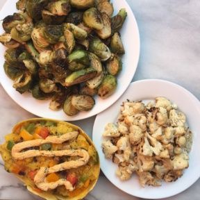 Spaghetti Squash Boats with Roasted Brussels Sprouts and Cauliflower